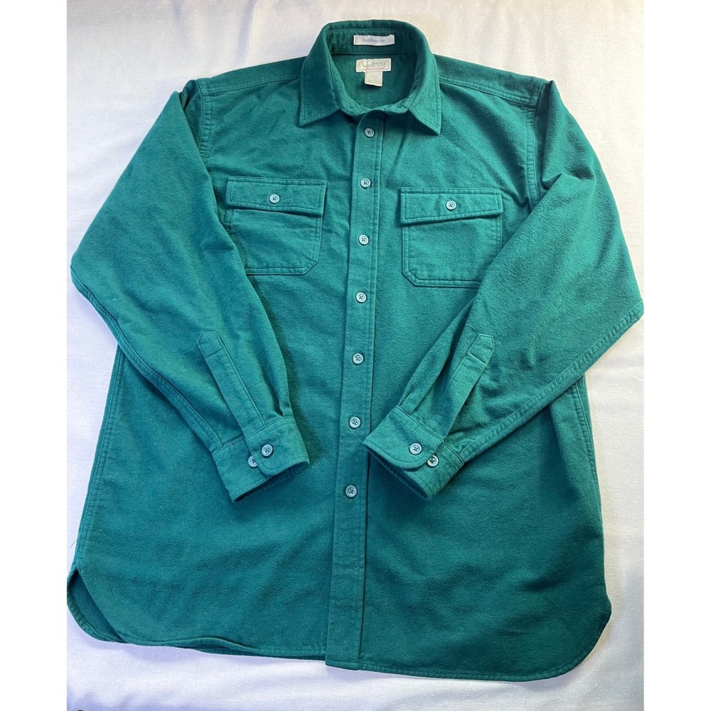 LL Bean, Eddie Bauer‎ Cotton Chamois Flannel L TALL Green Grey Cabincore Staple - Picture 4 of 14